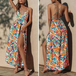 Casual Dresses 2024 Women Dress Sleeveless Breathable Regular Fit Exquisite Pattern Backless Dress-up Summer Lace-up Split Maxi