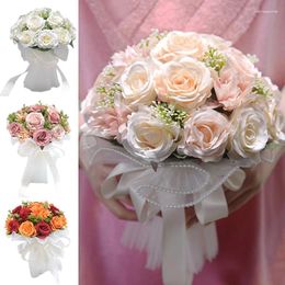 Decorative Flowers Simulated Rose Hand Holding Flower Wedding Supplies Pearl Mesh Handheld Bride Elegant Pastoral