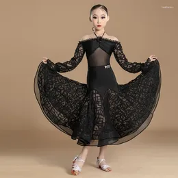 Stage Wear 2024 Ballroom Dance Competition Clothing For Girls Black Long Sleeved Big Swing Skirts Suit Waltz Latin Modern Dress DN17940