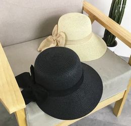 Wide Brim Hats 2024 Women's Sun Hat Big Bow Floppy Summer For Women Beach Panama Straw Bucket Protection Visor Femme Cap