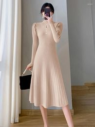 Casual Dresses Elegant Korean Autumn Winter Knitted Pleated Midi Vestidos Women Half High Collar Long Sleeve A Line Bottoming Sweater Dress