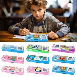 Double Layer Pencil Case With Calculator Pencil Sharpener Stationery Storage Box Plastic Astronaut/Animal Design Pencil Box 240423