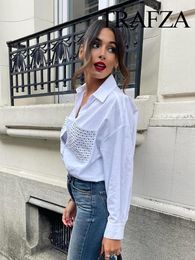 Women's Blouses TRAFZA 2024 Women Fashion Chic White Lapel Diamond Pocket Single-Breasted Blouse Female Casual Loose Long Sleeves Shirt Top