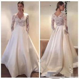 أحدث الفساتين A-Line 2020 Sleeves Long V V Neck Lace Satin Ribbon Made Made Wedding Vestido de Novia estido