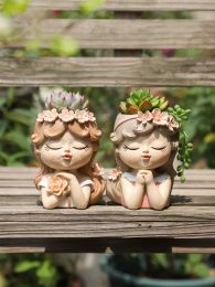 Decorations Cute Girl Planter for Succulents Plants Resin Flower Pot Fairy Garden Ornament Decorative Figurines Home Tabletop Decor