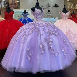 Abiti Applique 3D Quinceanera 3D floreale Scacciatura del corsetto lilla a cuore Scheda creata su misura 16 Princess Party Ball Gown Vestidos