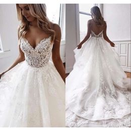 Spaghetti Straps Line 2020 Beach Dresses A Lace Applique Tiered Tulle Custom Made Chapel Train Wedding Gown Vestido De Novia pplique