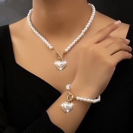 Women's Jewellery set, fashionable and high-end with diamond inlaid heart necklace, Baroque pearl bracelet, collarbone chain set