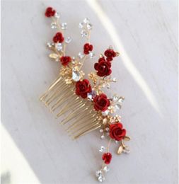 Jonnafe Red Rose Floral Headpiece For Women Prom Rhinestone Bridal Hair Comb Accessories Handmade Wedding Hair Jewelry X06256127377