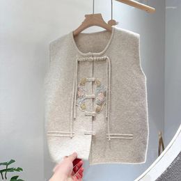 Women's Vests Chinese Style Embroidered Cardigan Knitted Vest Spring And Autumn Button Up Camisole Outerwear Sweater