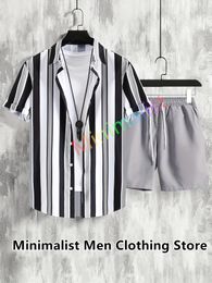 Fashion Hawaiian Strip Print Shirt Set Short Sleeve Button Streetwear Summer Casual Shirt Beach Two Piece Outfits Men Sets 240422