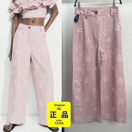 Women's Pants 02731091620 Pink Linen Cotton Embroidery High Waist 2731091 620