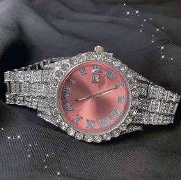 Quality Factory High Bling Purple Dial Sier Plating Hip Hop Bust Down Wrist Watch Shining Diamond Iced Out Baby Pink Women Quartz 3595742