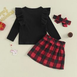 Clothing Sets Kids Girl 3 Piece Outfit Casual Ribbed Long Sleeves Tops And Plaid Skirt Headband Set Cute Fall Clothes