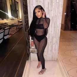 Women's Two Piece Pants 2024 O-Neck Full Sleeve Women Jumpsuits Mesh Hollow Out Casual Rompers Night Club One Sexy Perspective Outfits