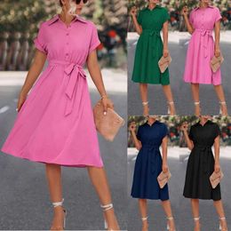 Basic Casual Dresses Women Solid Color Dress Lapel Neck Dress Batwing Slve Half Open Collar Insert Dress Casual Strt Dress Women Lace-up Dress Y240429