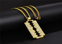 Fashion Men Blade Pendant Necklace Hip Hop Jewellery Full Rhinestone Iced Out Design 18k Gold Plated 60cm Long Chain Punk Necklaces 2087238