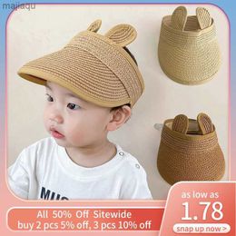 Caps Hats Cute bear ears empty top hat baby straw hat childrens long Brim canopy childrens adjustable summer beach hat boys and girls propsL240429