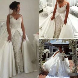 Arabic Overskirt Train 2020 Detachable Lace Dresses Straps Applique Custom Made Satin Plus Size Wedding Gown Vestido De Novia