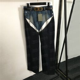 Splicing Fake Two Pieces Jeans Womens Designer Denim Pants High Street Straight Leg Pant With Belt