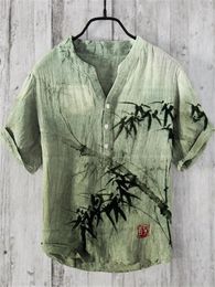 Men's Casual Shirts 2024 Summer Fashion Man Small V-neck Henley Shirt Bamboo Forest Full Moon Night Japanese Art Artistic Short-sleeved