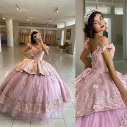 Quinceanera The Dresses Pink Dusty Beaded Off Shoulder Tulle Lace Applique Tiered Crystals Formal Pageant Gown Sweet 16 Ballgown Floor Length Custom Made