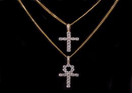 Iced Zircon Ankh Cross Necklace Jewellery Set Gold Silver Copper Material Bling CZ Key To Life Egypt Pendants Necklaces1809725