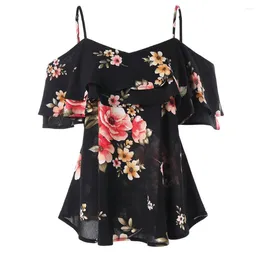 Women's Tanks Floral Printing Tank Vest Female Sexy Off The Shoulder Blouse Shirt Spring Summer Ruffles Chiffon Elegant Tee Tops