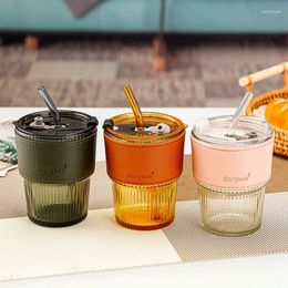 Wine Glasses 400ml Coffee Glass Cups Stripe Cup With Lid And Straw Milk Juice Mug Cocktail Whisky Dessert Container Home Drinkware