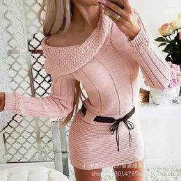 Casual Dresses Women Knitted Long Sleeve Pullover Dress Slim Fit Sexy Autumn High Street Sheath Knee Length Slash Neck Patchwork