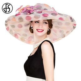 Wide Brim Hats Bucket Hats FS Summer British Style Fascinator Organza Hat For Women Pink Black Lady Large Wide Brim Wedding Hat With Flower Chapeu Feminino Y240426