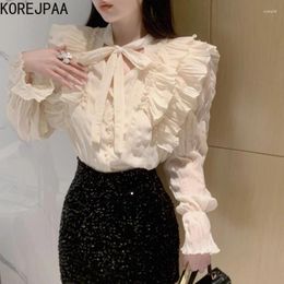 Women's Blouses Korejpaa Korean Style Chiffon Blouse Women Ruched Blusa Feminina 2024 Early Autumn Elegant Bow V Neck Flare Sleeve