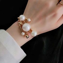 Chain Geometry Irregular Large Pearl Double Layer Hollow Out Bangle Bracelet for Women Girls Party Jewellery Gift Free Shipping Items