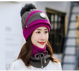 Winter HatScarfMask Set For Women Girls Warm Beanies Breathe Scarf Pompoms Knitted Caps And Scarf Mask3525981
