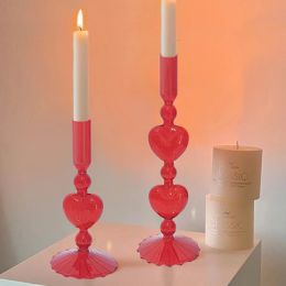 Candles Retro Taper Candle Holders Red Heart Shape Glass Candlesticks Wedding Table Decoration Home Party Glass Vase Decor