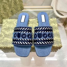 Designer Sandals Vintage Slippers Light Blue Beach Womens Casual Flat Shoes Summer Fall Mules Script Denim Slide Sandal Size 35-41 12