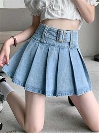 Skirts REALEFT Spring/Summer High Waist Womens denim shorts belt jeans womens pleated sexy mini skirt 2024 new modelL2429