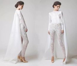 Sexy White Evening Dresses Jumpsuits Two Pieces Chiffon Lace Pearl See Through Long Sleeves Elio Abou Fayssal Party Prom Dress Wit3472393