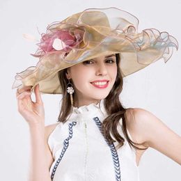 Wide Brim Hats Bucket Hats Summer Wide Brim Fedora Hats For Women Organza Sun Hats Elegant Flower Wedding Party Kentucky Church Dresses Fascinator Hat Y240426