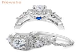 she 2 Pcs Halo 925 Sterling Silver Wedding Rings For Women 15 Ct Round Pear Cut AAAA CZ Classic Jewelry Engagement Ring Set 210613474714