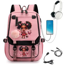 Backpack Chibi Black Girl Print Girls School Bag Cute Bags For Student Teens Bookbag Laptop Usb Charging Mochila