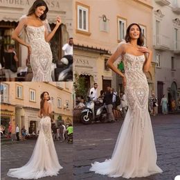 Spaghetti Straps Lace Berta Dresses Appliques Mermaid Bridal Gowns Open Back Sweep Train Wedding Dress Robe De Mariee