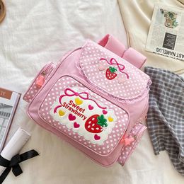 School Bags Kawaii Kids Bag Cute Strawberry Embroidery Travel Daypack Dots Multi-Pocket Nylon Fashion College For Teenager Girl