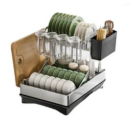 Kitchen Storage Foldable Dish Bowl Drainer Rack 2 Tier Organiser Holder With Drain Basket Dinnerware Drainboard Counter