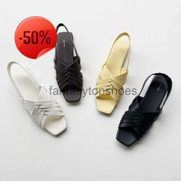 The Row French TR Meera Genuine Leather Knitted Sandals Womens Square Toe Open Toe Flat Roman Shoes 2OVU