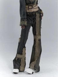 Women's Jeans QWEEK Grunge Vintage Punk Distressed Y2k Aesthtics Patchwork High Waist Flare All-match Streetwear Demin