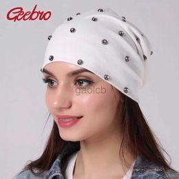 Beanie/Skull Caps Geebro Womens Silver Rhinestones Beanies Hat Spring Casual Cotton Knit Beanie for Women Plaid Thin Hat for Men Skullies Cap d240429