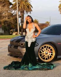 Green Veet O Neck Long Prom Dress For Black Girls Beaded Crystal Birthday Party Gowns Mermaid Formal Gown Robe De Bal 0431
