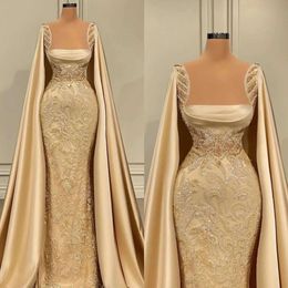 Mermaid Elegant Sleeveless Evening Bateau Dresses Gold Capes Satin Lace Ruffles Sequins Appliques Embroidery Celebrity Prom Dress Formal Dresses For Women