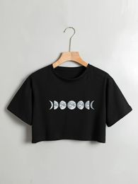 Moon Print Crew Neck Tshirt Casual Short Sleeve Crop Top For Spring Summer Womens Clothing 240426